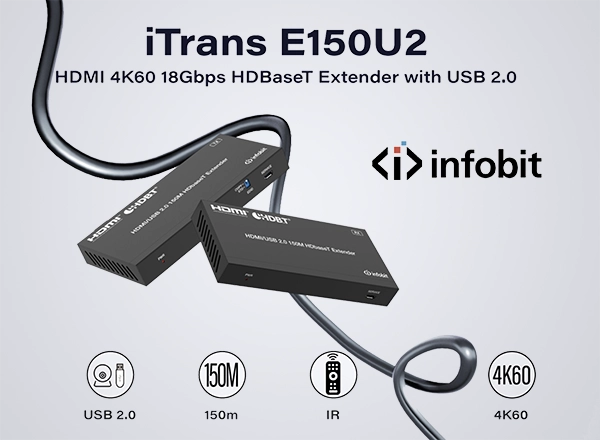 Infobit iTrans E150U2: HDMI 4K60 18Gbps HDBaseT Extender USB 2.0